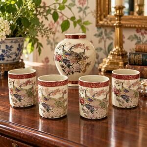 Vintage Satsuma Peacock Vase & 4 Cups Grandmillennial Japan